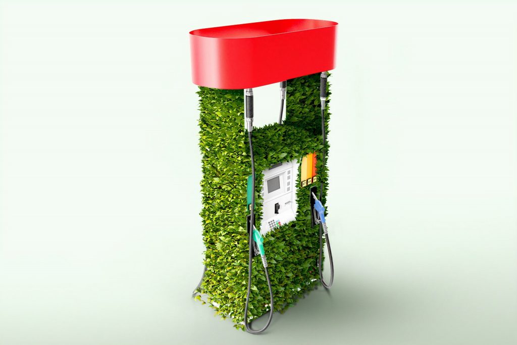 gas pump covered in green leaves